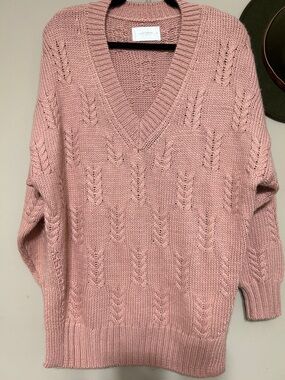 Lucky Brand Dusty Rose V-Neck Open Stitch Sweater